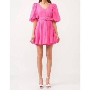 Sofie The Label Size M Milla Dress Fuchsia Pink Mini Belted Puff Sleeve NWT